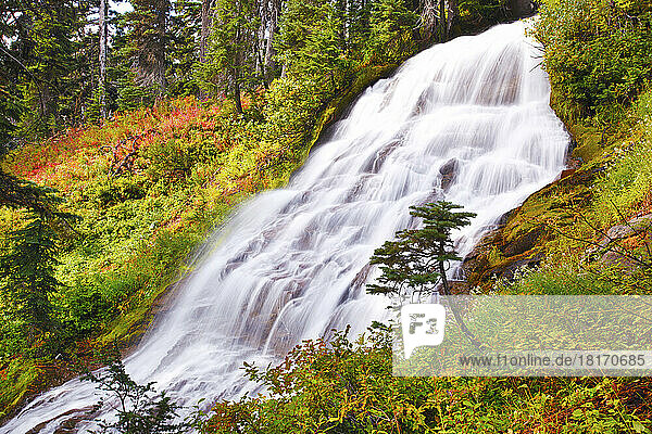 Die Herbstfarben verleihen den Umbrella Falls im Mount Hood National Forest  Oregon  USA  ihre Schönheit; Oregon  Vereinigte Staaten von Amerika