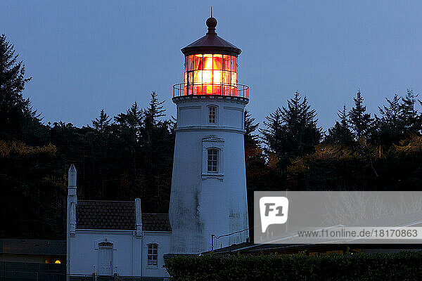 Umpqua River Lighthouse at twilight on the Oregon Coast in the Pacific Northwest USA; Oregon  United States of America