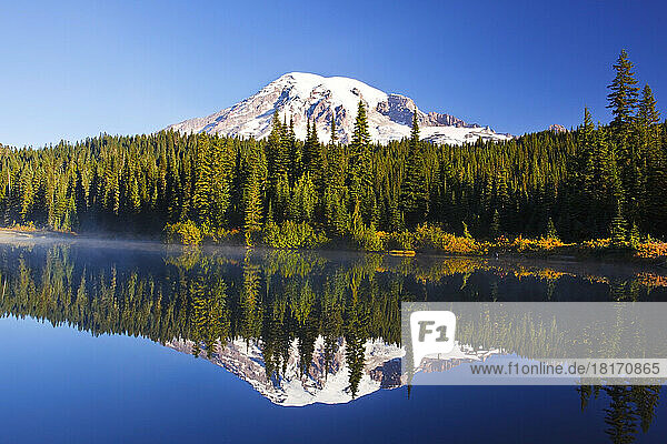 Mount Rainier und Wald spiegeln sich in einem ruhigen See im Mount Rainier National Park; Washington  Vereinigte Staaten von Amerika