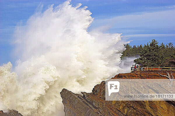 Powerful wave breaking against the rocks at Shore Acres State Park as tourists stand at a lookout point watching the intense splash  Oregon coast; Oregon  United States of America