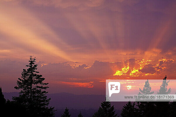 Dramatisches Sonnenleuchten in einem strahlenden Abendhimmel über silhouettierten Bergen und Baumkronen