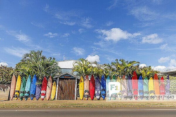 Colourful surfboard fence near the town of Paia along the Road to Hana on Hawaii’s Island of Maui; Paia  Maui  Hawaii  United States of America