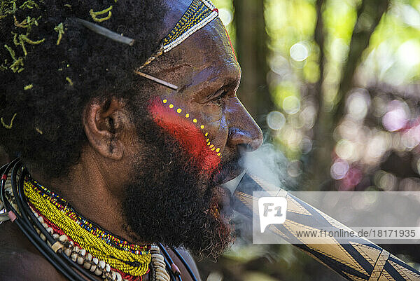 Mitglied des Huli-Stammes beim Rauchen im Tari-Tal im südlichen Hochland von Papua-Neuguinea; Tigibi  südliches Hochland  Papua-Neuguinea