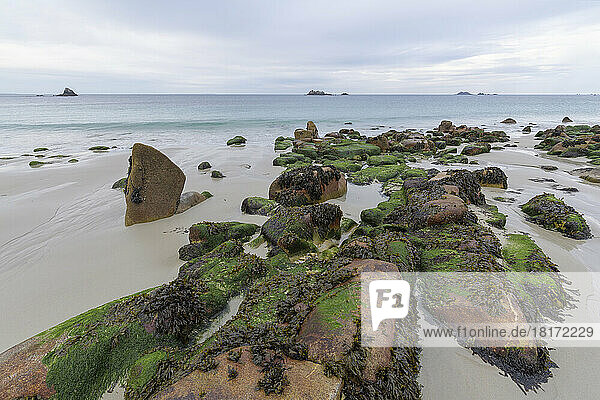 Sandy beach with stones  Plage de Ruscumunoc  Plouarzel  Finistere  Brittany  France