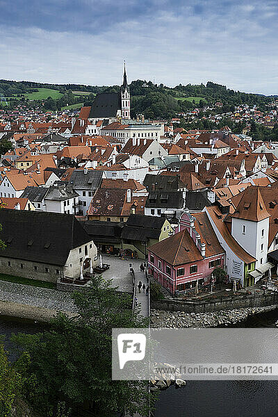 Scenic overview of Cesky Krumlov with St Vitus Church in background  Czech Replublic.