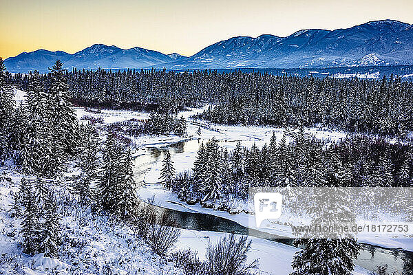 Beautiful winter landscape of the Columbia River valley from a viewpoint; Fairmont Hot Springs  British Columbia  Canada
