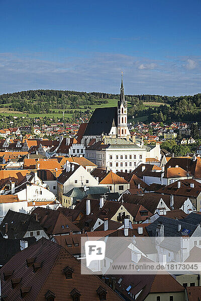 Overview of city and rooftops with St Vitus Church  Cesky Krumlov  Czech Republic.