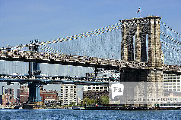 Brooklyn Bridge and Manhattan Bridge  South Street Seaport  New York City  New York  USA