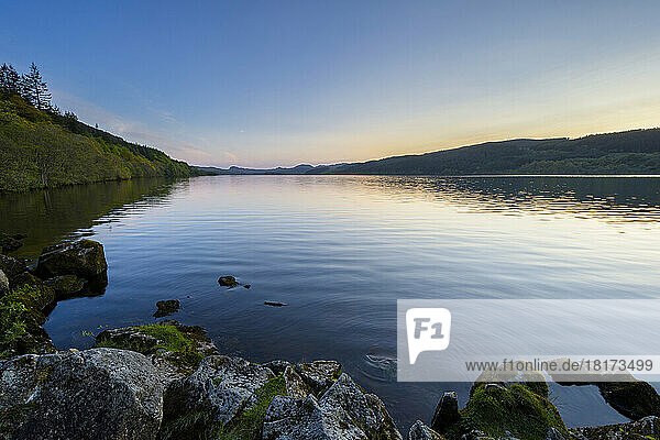 Scenic view of Loch Awe in Argyll and Bute in the Scottish Highlands at dusk in Scotland