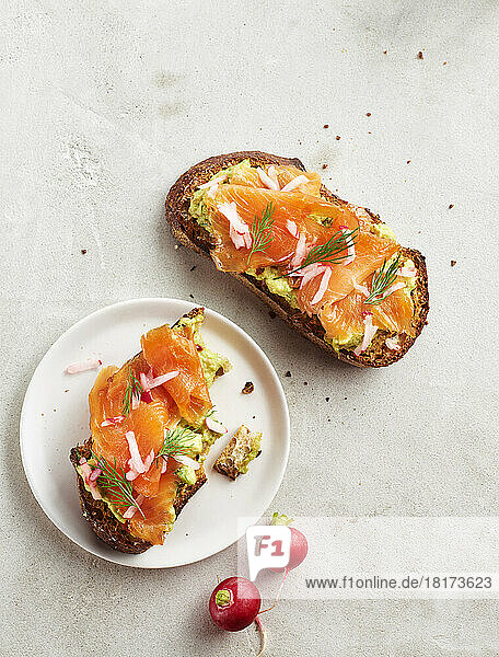 Avocado toast with smoked salmon  dill and radish on a grey background