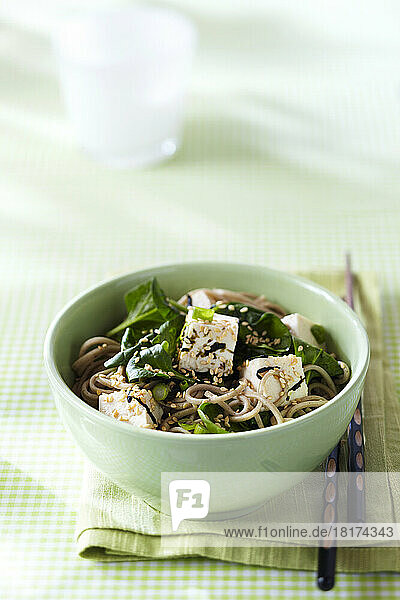 Soba noodles with tofu  spinach  sesame seeds and green onions in a green bowl with chopsticks