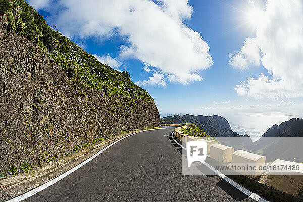 Mountain Pass Road with Sun  Teno Mountains  Masca  Tenerife  Canary Islands  Spain