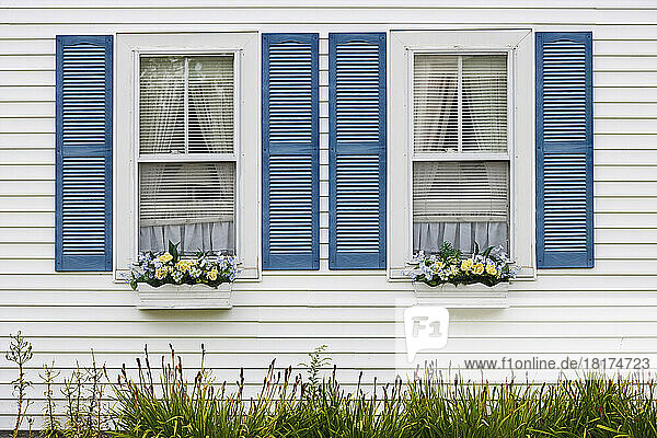 Flower Boxes on Exterior of House  Boothbay Harbor  Maine  USA