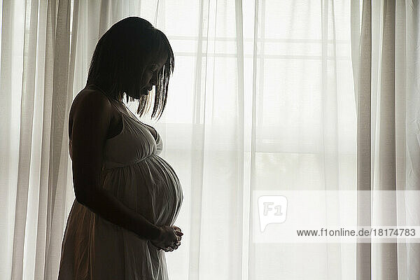 Silhouette of Pregnant Woman Standing by Window