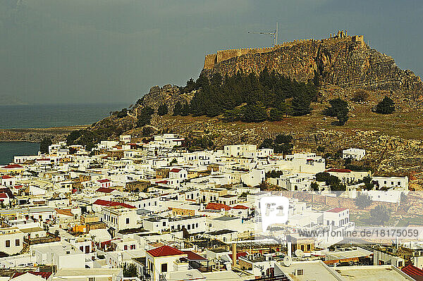 Lindos town and Acropolis of Lindos  Rhodes  Dodecanese  Aegean Sea  Greece  Europe
