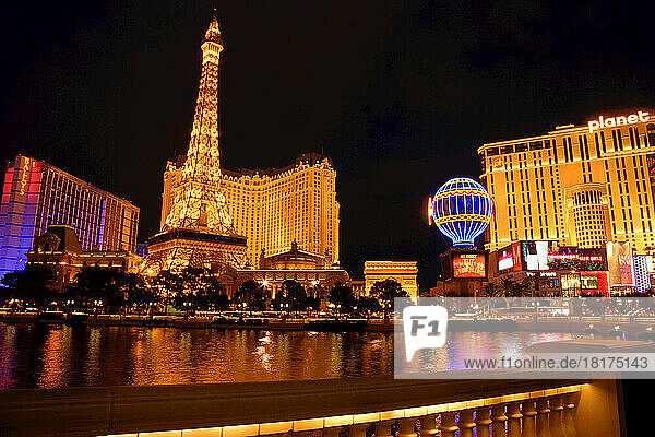 View of Paris Las Vegas and Planet Hollywood Hotel and Casino From Bellagio Hotel  Paradise  Las Vegas  Nevada  USA