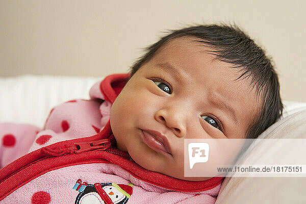 Close-up portrait of two week old Asian baby girl in pink polka dot jacket  studio shot