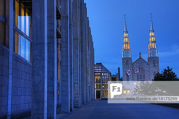 Notre Dame Cathedral Basilica and National Gallery of Canada at Twilight  Ottawa  Ontario  Canada