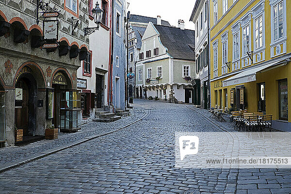 Cobblestone city street and historical buildings  Cesky Krumlov  Czech Replublic.