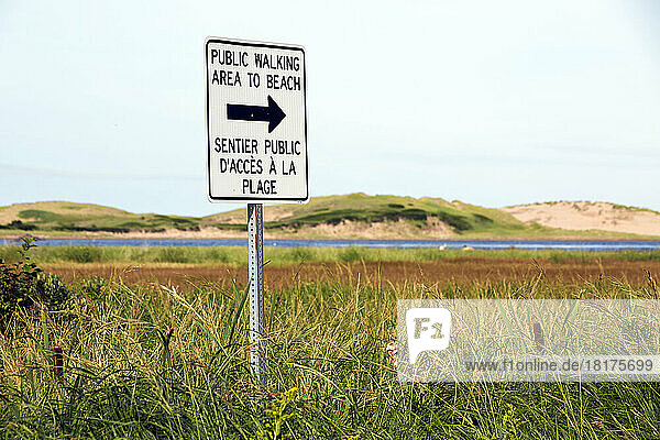 Sign Noting Public Walking Area to Beach in Rushes and Dunes  Prince Edward Island  Canada