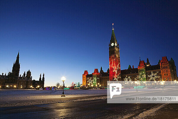 Christmas Lights on the Parliament Buildings  Peace Tower  Parliament Hill  Ottawa  Ontario  Canada