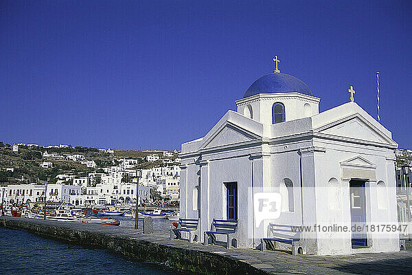 Blue Domed Church and Harbor  Mykonos  Greece