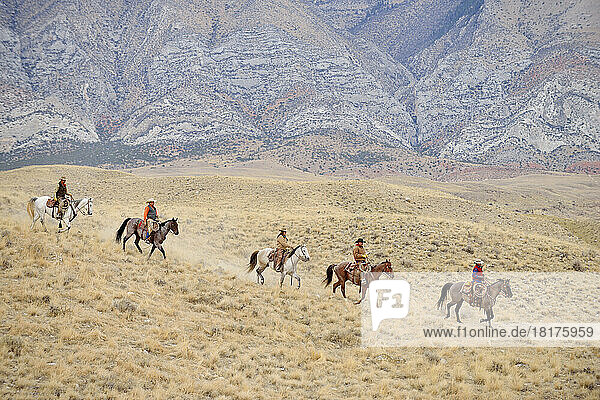 Cowboys and Cowgirls riding horse in wilderness  Rocky Mountains  Wyoming  USA