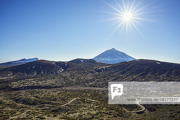 Pico del Teide Mountain with Volcanic Landscape and Road  Parque Nacional del Teide  Tenerife  Canary Islands  Spain