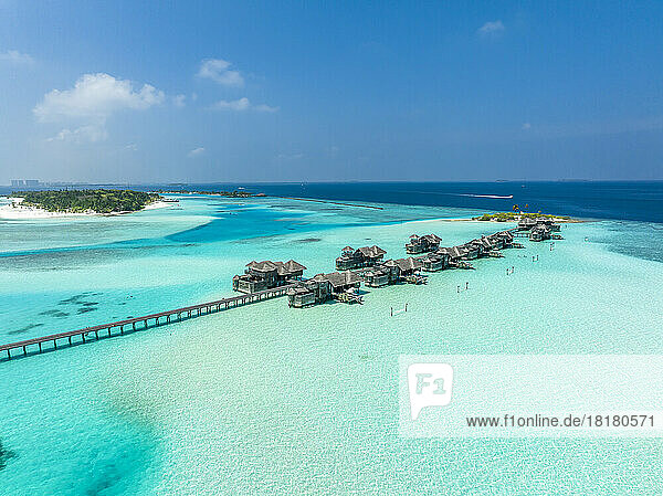Maldives  Kaafu Atoll  Aerial view of resort bungalows on Lankanfushi island