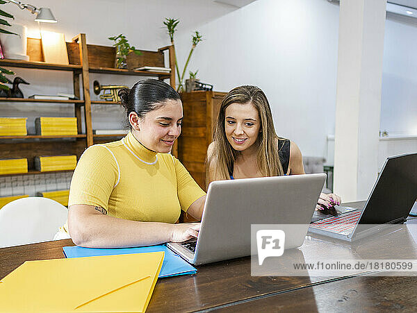 Smiling businesswomen working on laptop at table