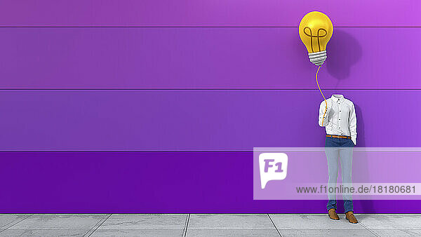 Three dimensional render of invisible person holding light bulb shaped balloon
