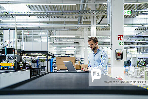 Businessman working on laptop at table in factory