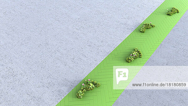 Three dimensional render of plant shaped footprints stretching along green footpath
