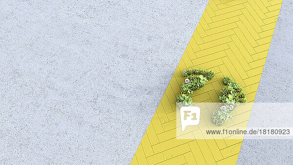 Three dimensional render of plant shaped footprints on yellow footpath