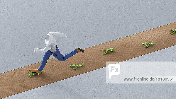 Invisible person running on plant shaped footprints stretching along parquet floor
