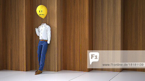 Three dimensional render of invisible person holding balloon with sad face