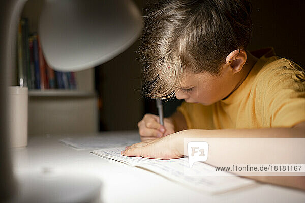 Boy studying at table in home