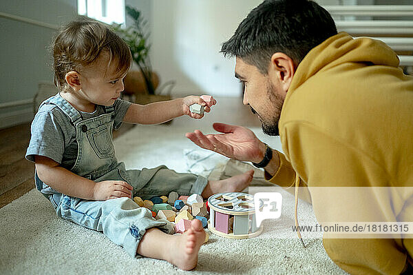 Father and son playing with wooden toys on carpet at home
