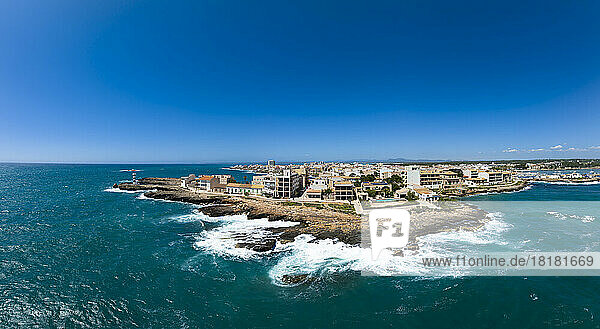 Spain  Balearic Islands  Colonia de Sant Jordi  Aerial view of resort town on Mediterranean coast