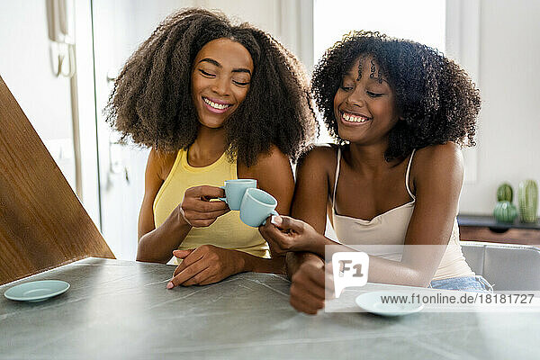 Smiling young lesbian couple toasting coffee cups at kitchen island