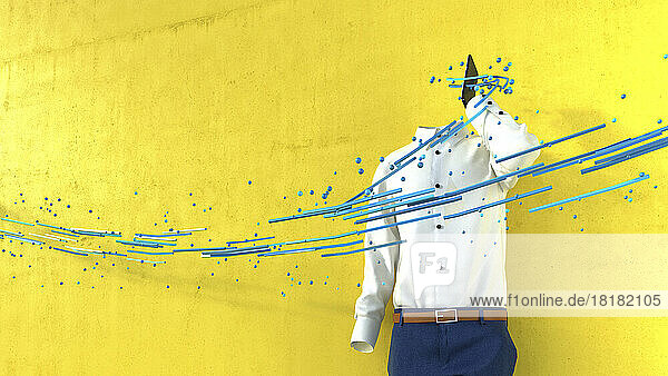 Data floating in front of invisible person talking on phone in front of yellow wall