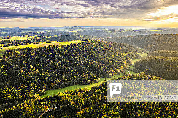 Germany  Baden-Wurttemberg  Drone view of Haselbachtal valley in autumn
