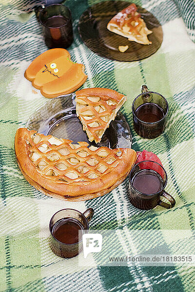 Fresh apple pie and glasses of tea lying on picnic blanket