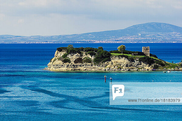 Greece  Central Macedonia  Halkidiki  Small peninsula surrounded by blue waters of Mediterranean Sea in summer