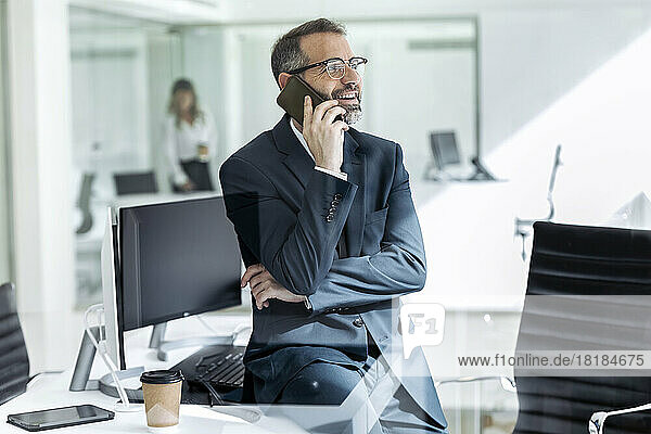Smiling mature businessman talking on mobile phone in office