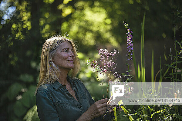 Mature woman touching flowering plant in garden