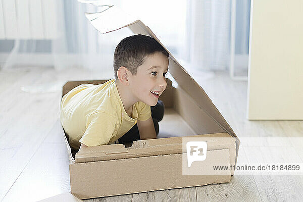 Netter verspielter Junge versteckt sich zu Hause im Karton