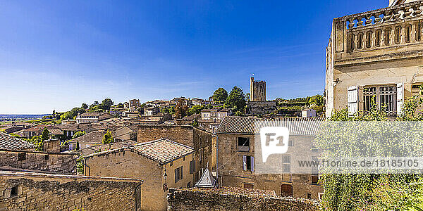 France  Nouvelle-Aquitaine  Saint-Emilion  Panoramic view of houses in historic town