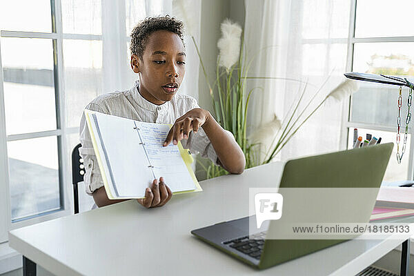 Boy showing notes in front of laptop at home
