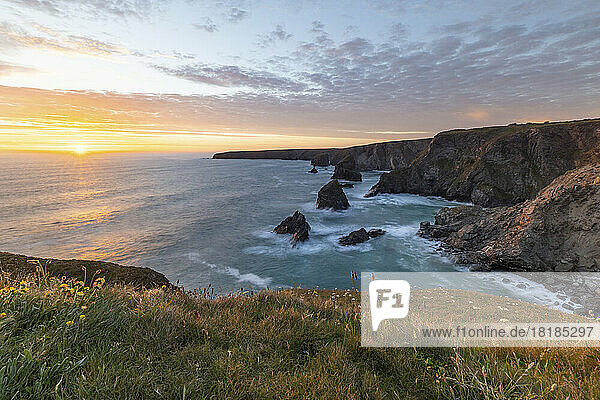 UK  England  Clifftop view of Bedruthan Steps at sunset